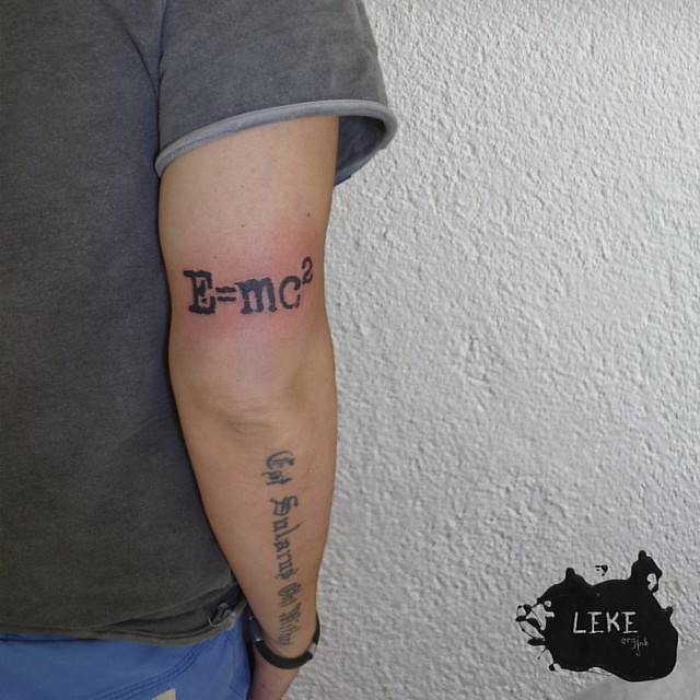 Forearm tattoos: E=mc squared and F = ma. - The Adventures of Accordion Guy  in the 21st Century