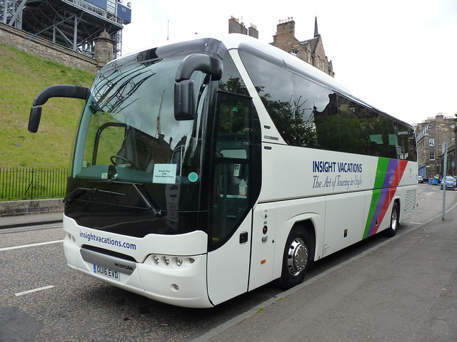 Dover's Coaches of Hetton-Le-Hole Neoplan Tourliner N2216 SHD440, in Insight Vacations livery, OU16EVD at Johnston Terrace, Edinburgh, on 1 June 2017.