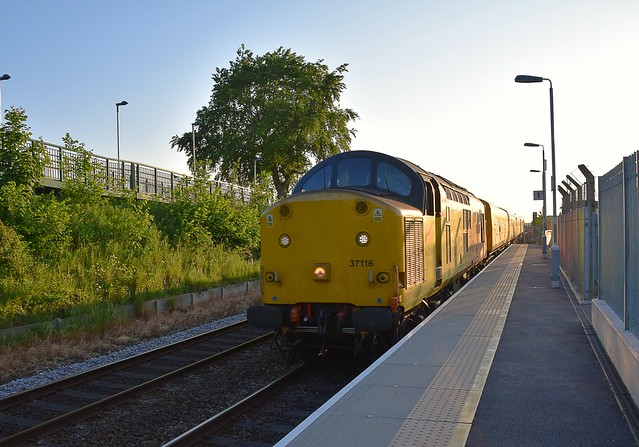With the setting Sun behind it, 37116 TnT with 37175 speed through Kennett Station, with a Network Rail Test Train on Cambridge - Cambridge via East Anglia circuit. 26 05 2017