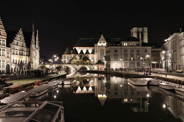 Night lights and reflections on the Leie in central Ghent