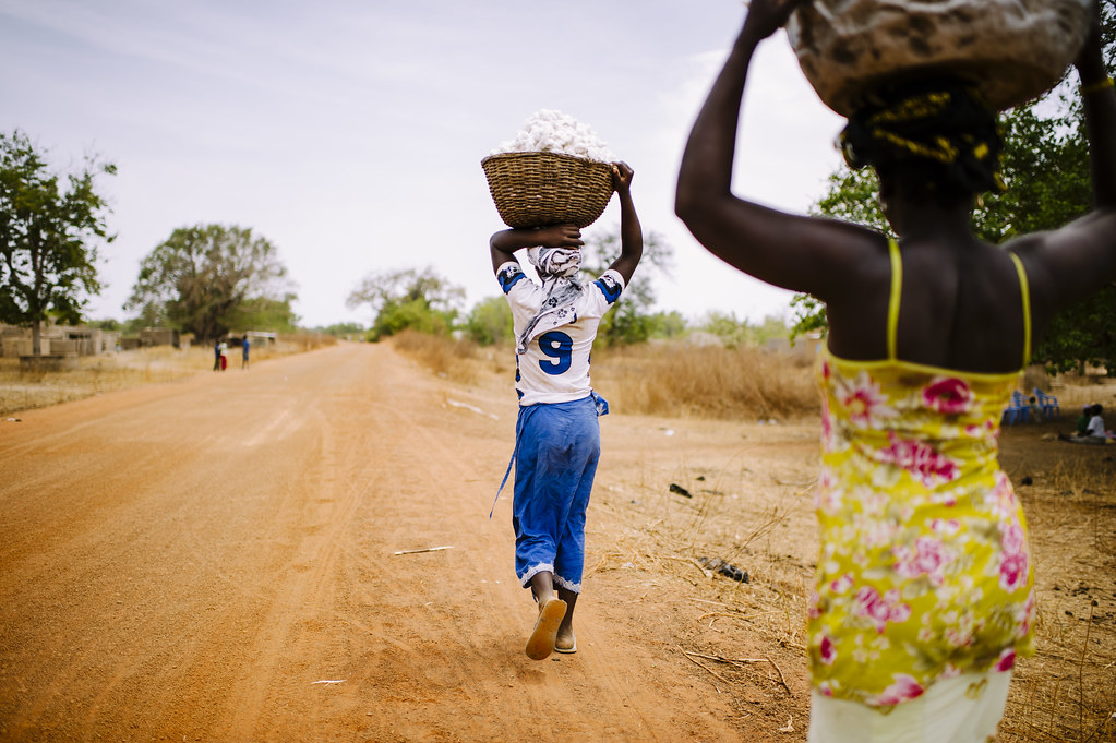 Farmers Nigna Latifa (far) and Dadjan Wassinatou carry cotton along the road near Zorro village, Burkina Faso.