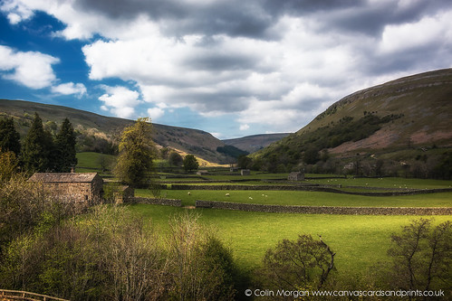 barn clouds fields green muker shadows sky stone sunlight swaledale yorkshiredales landscape outdoors countryside