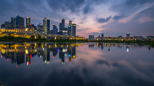 Singapore City, Clouds and Reflection by BP Chua, singapore city cityscape reflection asia water marinabay buildings clouds sunset longexposure fujifi