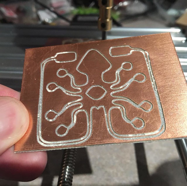 I wanted to test my PCB mill workflow but didn't have a specific PCB in mind so I used the @laughingsquid logo. Not quite dialed in yet but getting there.