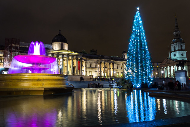 Trafalgar Square in London at night at Christmas