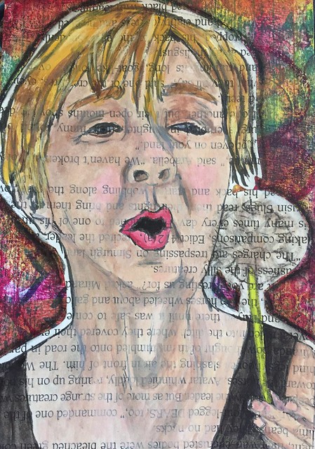 Love how this portrait of Cheryl turned out! Craft paint on book page on gelli-printed index card