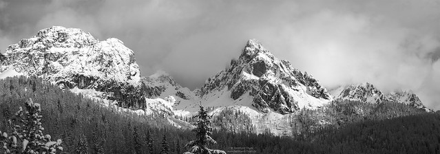 Cadini die Misurina snowy spring panorama - first viewpoint in black and white
