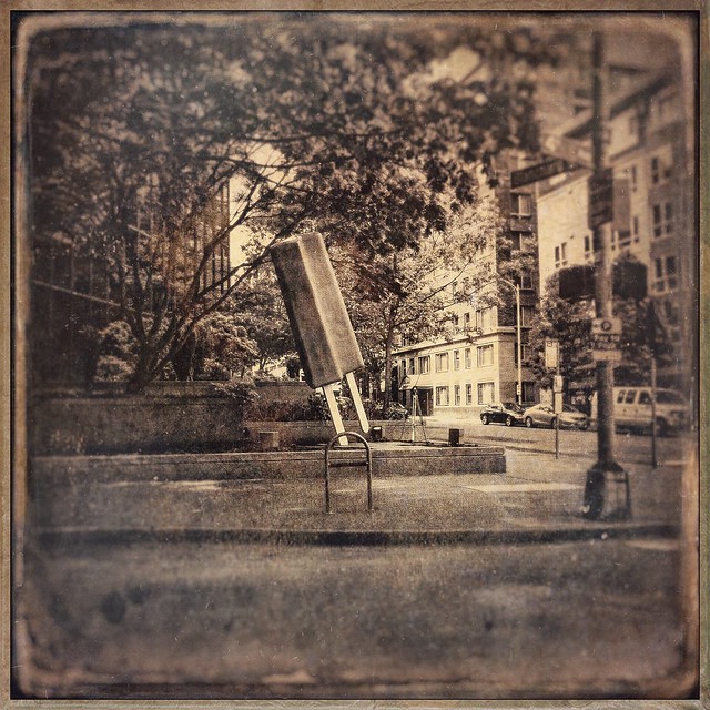 Seventeen foot tall popsicle by Catherine Mayer in Seattle. #hipstamatic #tintype #snapseed #photocopier #distressedfx #formulasapp #americana #textures #texture #retro #popsicle #seattle #sculpture
