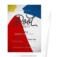 It's time for a pool party! This is an exciting and creative pool party invitation that features a close up illustration of a beach ball. The card exudes fun and has a hint of vintage. Perfect for adult parties and children's celebrations #poolparty #summ