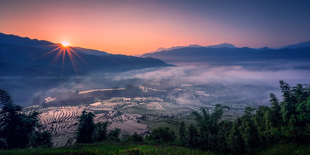Rice terraces of Y TY in Lao Cai, Vietnam in the sunset