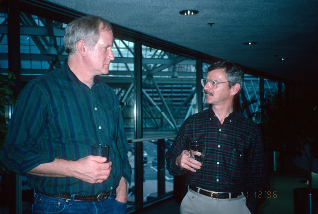 1996. Forest pathologists Craig L. Schmitt (left) and James S. Hadfield at the 50 Years of Aerial Survey celebration in Portland, Oregon.