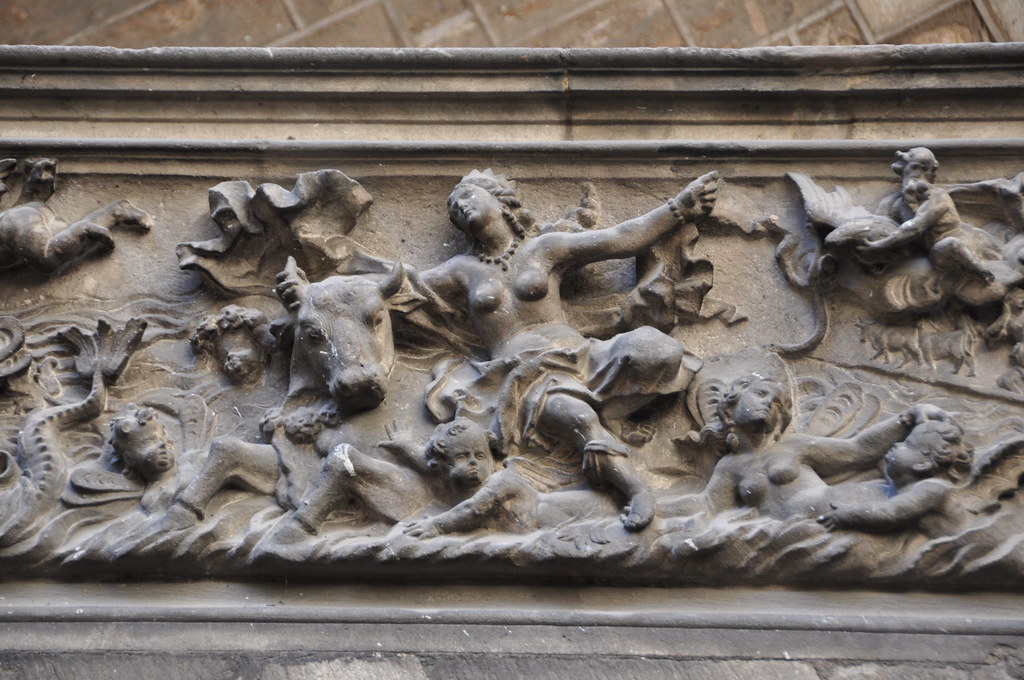Barcelona (Montcada street). The abduction of Europa. Detail of the frieze on the staircase parapet. Dalmases’s House (“Palau Dalmases”).  Circa 1700.