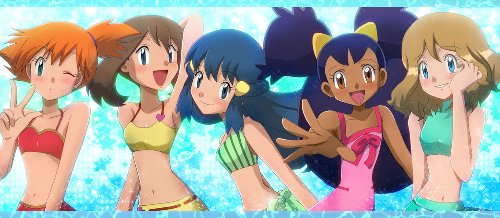 Five Pokemon Female Trainers in Swimsuits.