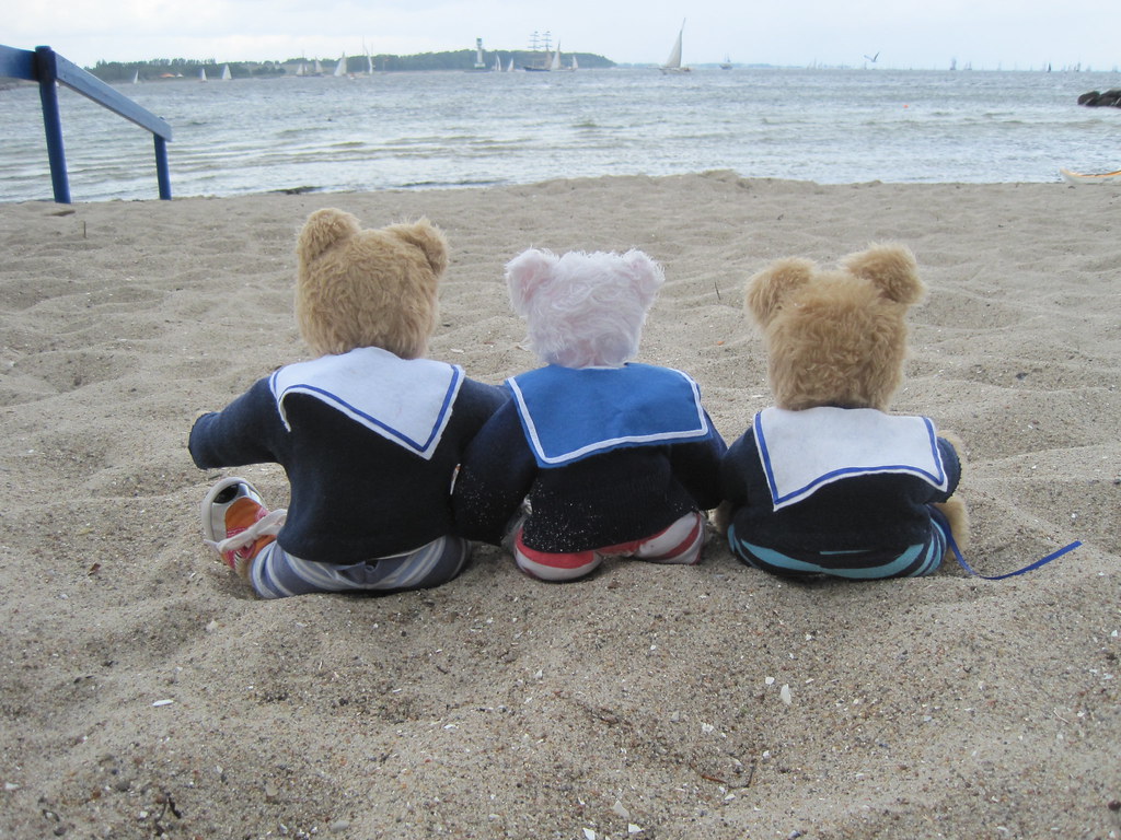 Blue, Teddychen und Jannie sehen sich die vielen Segelschiffe an