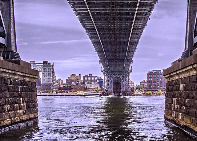 Panoramic View Taken Under Williamsburg Bridge Structure with Brooklyn Skyline In View