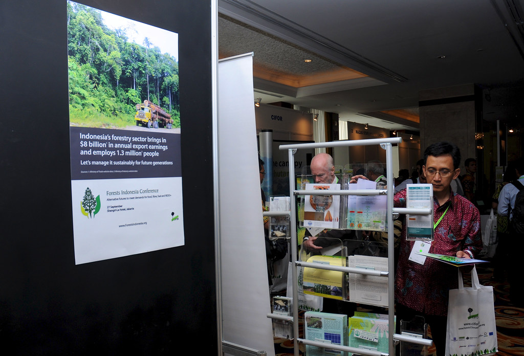 Brochure stands at the Forests Indonesia conference in Jakarta, Indonesia.