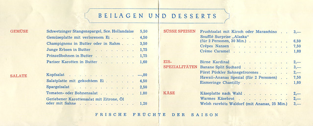 Gefaltete Speisekarte des Reichsbahn-Hotels in Stuttgart, Beilagen