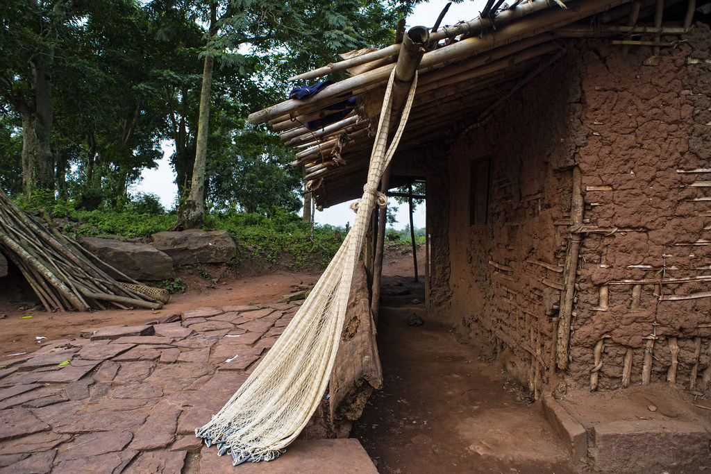 A house and fishnet near the Congo River, Kisangani, Democratic Republic of Congo.