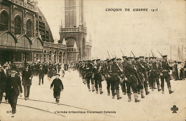 Royal marines passing through Ostend, 1915
