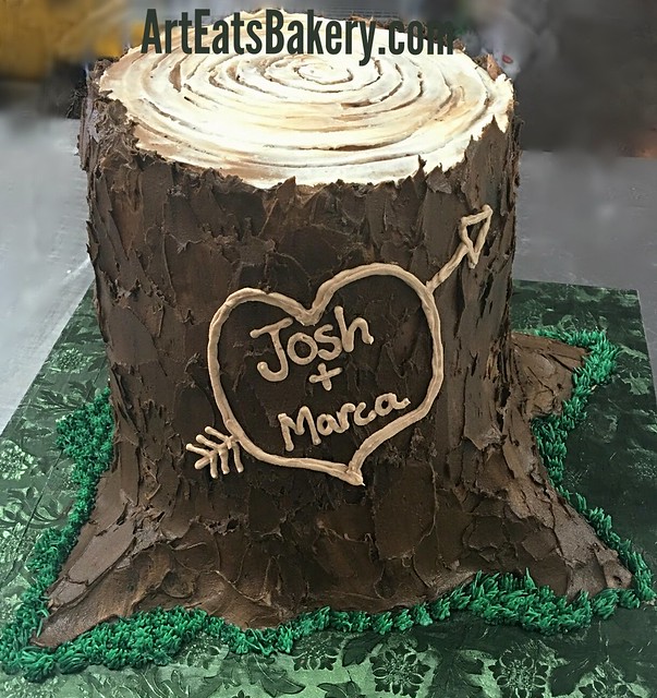 Tree stump engagement party 3D custom cake with buttercream bark and carved heart. #cake #engagement #treestump http://www.arteatsbakery.com
