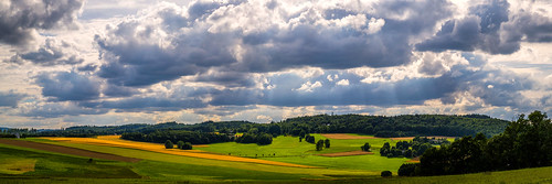 landscape panorama vogtland upper franconia germany fields clouds sunshine