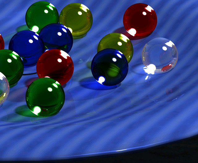 Blue plate & glass balls, zoomed