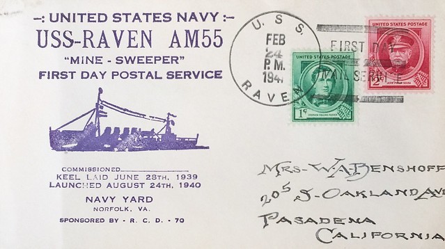 1941 02 24 - front - USS RAVEN (AM 55) - FDPS - addressee Mrs W A Benshoff - USCS cover - by S E Hutnik