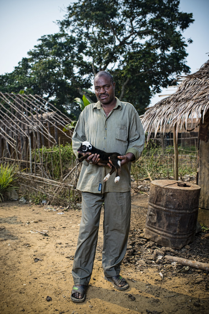 Frederic Nkakeduta, a sheep herder, holding a lamb, Lukolela, Democratic Republic of Congo.