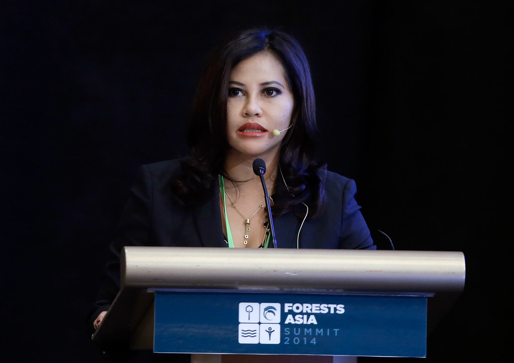 Asia Pulp and Paper Managing Director of Sustainability and Stakeholder Engagement Aida Greenbury delivers a speech during a discussion at...