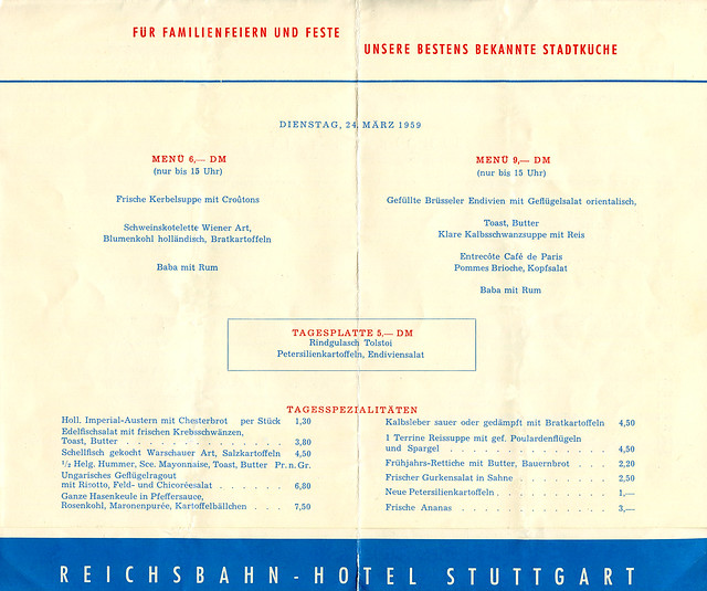 Gefaltete Speisekarte des Reichsbahn-Hotels in Stuttgart, Tageskarte