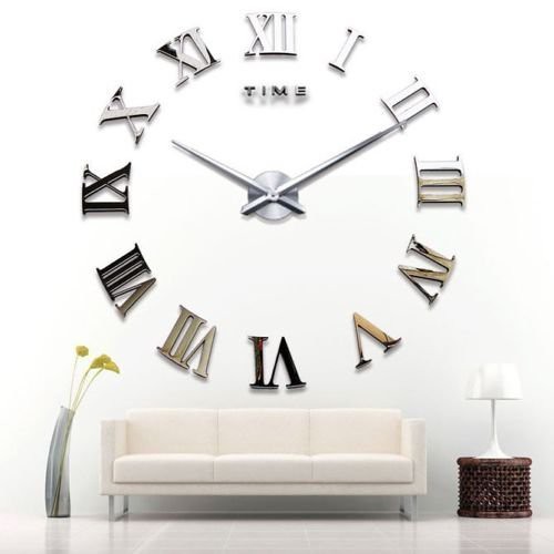 Yosoo DIY 3D Horloge Murale Design Géante Grande Taille Moderne Ronde avec Chiffres Romains pour Décoration Salon Bureau - Argent | by Mon Beau Chez Moi