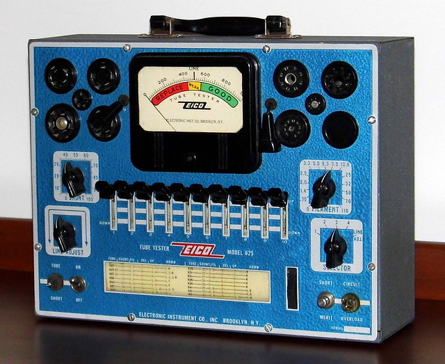 Vintage EICO Tube Tester, Model 625, Metal Cabinet, EICO Electronic Instrument Company, One Vacuum Tube (6H6), Made In USA, Circa 1950 - 1952