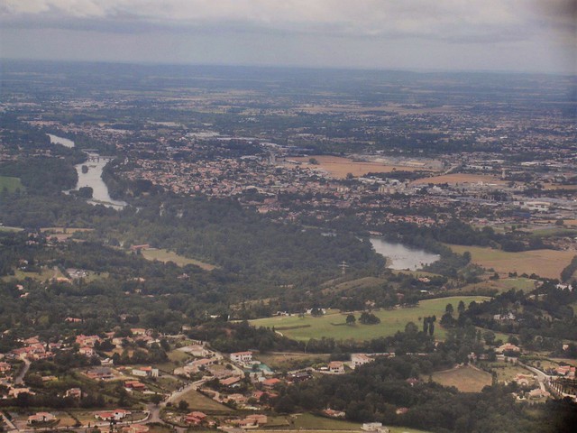 Garonne River curves from the air, landing at Toulouse, France