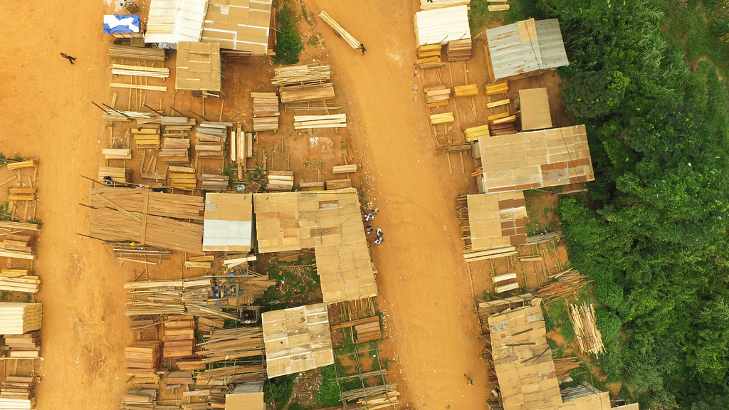 Aerial view of wood market in Yaounde, Cameroon.