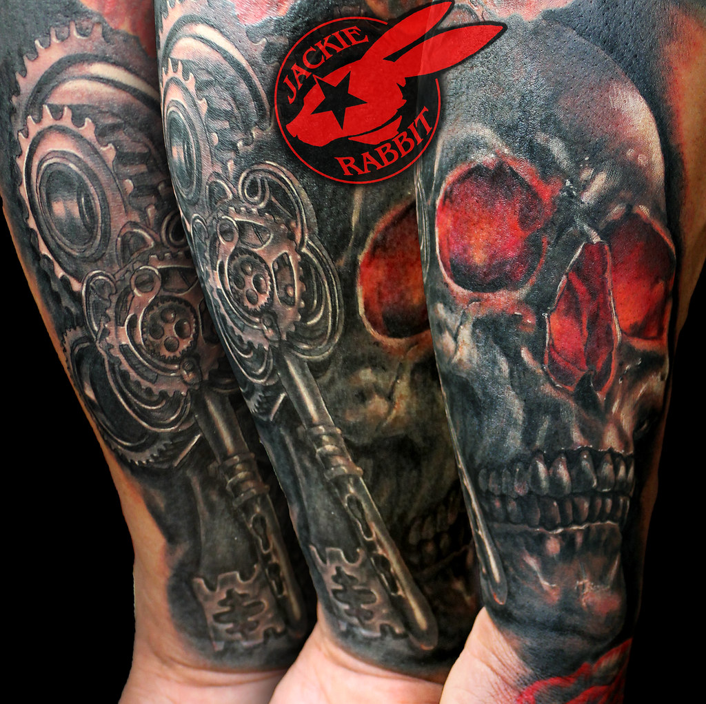 Realistic 3D Skull key Steampunk Gears Clock Watch Color Black and Grey Sleeve Tattoo by Jackie rabbit