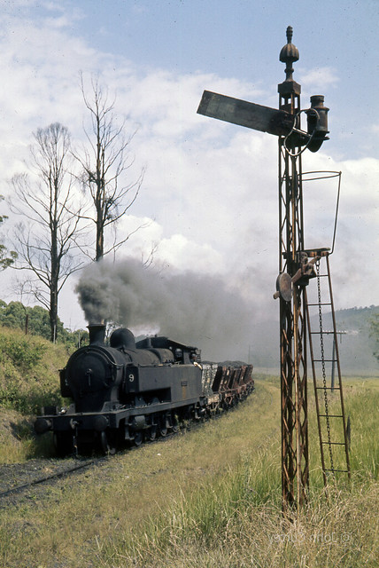 J & A Brown's No. 9  Pelaw Main drifts past the abandoned down signal departing Stockrington Colliery, April 1973