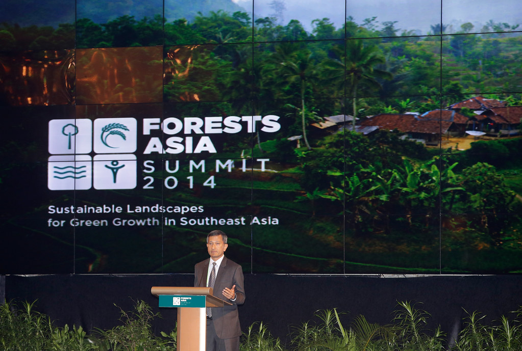 Singapore's Minister for Environment and Water Resources Vivian Balakrishnan delivers his speech during Forests Asia Summit 2014 at ShangriLa Hotel...
