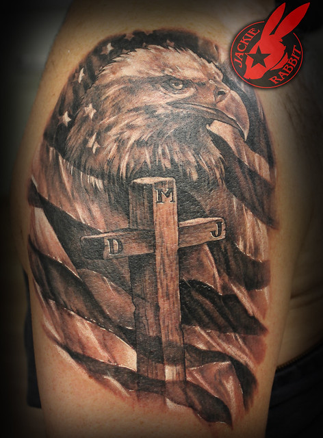 Bald Eagle American flag Wooden Cross God Country patriotic Christian Realistic 3d Tattoo by Jackie Rabbit