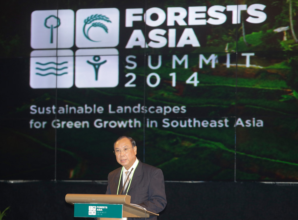 Myanmar's Union Minister of Environmental Conservation and Forestry U Win Tun delivers his remarks during Forests Asia Summit 2014 at...