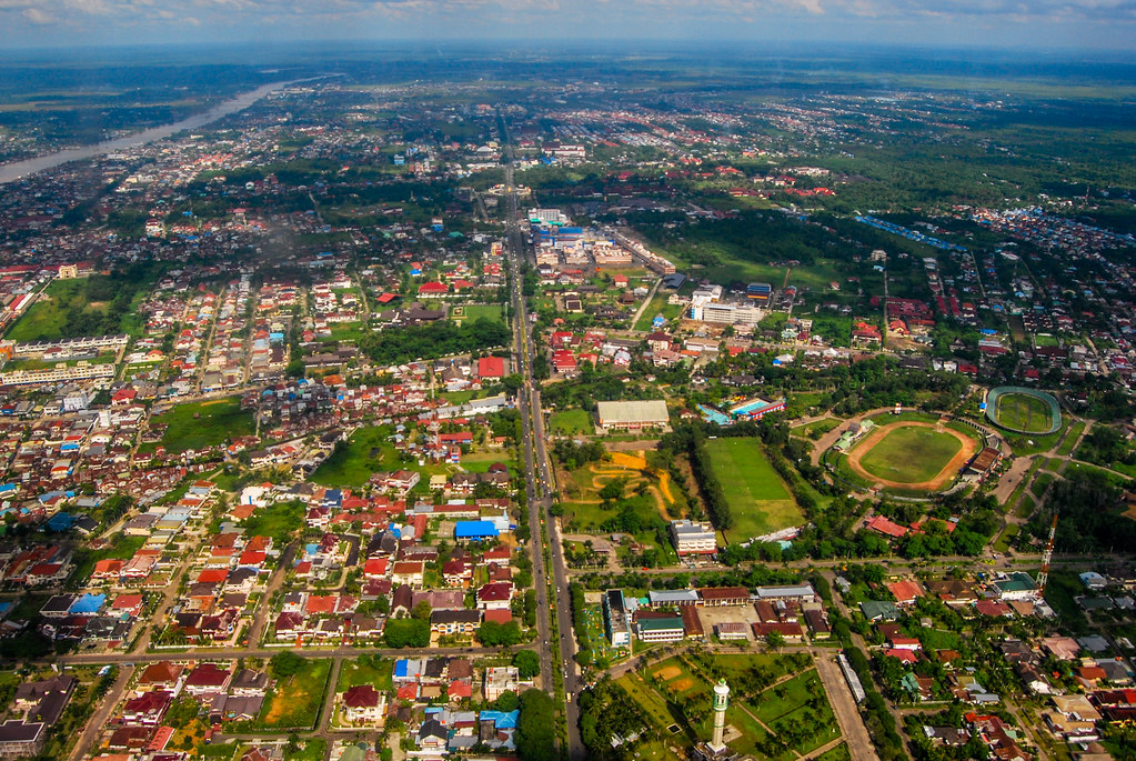 Aerial shot of a cityscape in West Kalimantan, Indonesia.