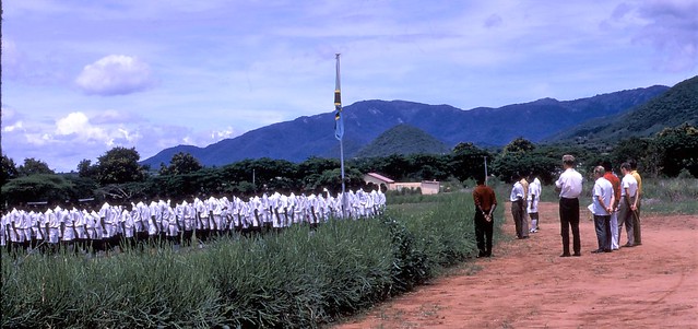 Tanzania 1968: raising the flag at school assembly, Mpwapwa ... taken from old transparency