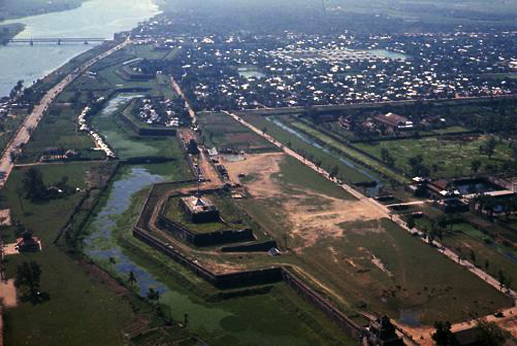 HUẾ Feb. 1969 - N. of the Perfume - the citadel - entrance- flag! Shot at so much last yeaer by U.S., 101st Airb Dvn. 2/69