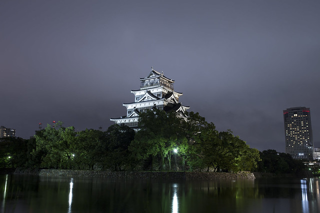 Hiroshima castle on a cloudy night