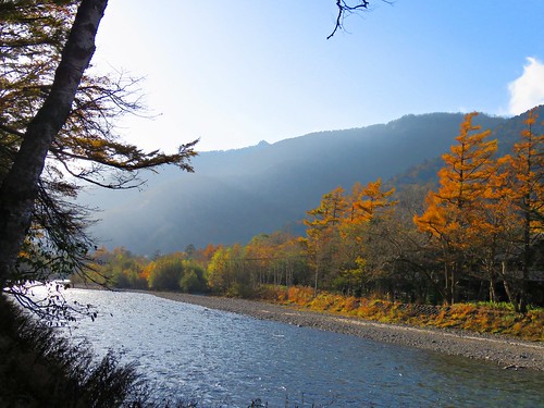 上高地 河童橋 nature landscape river mountain reflection tree autumn sky cloud japan