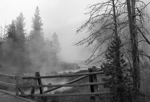 artistspaintpots bridge yellowstonenationalpark mist fog