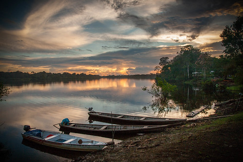 Amazon river village sunset