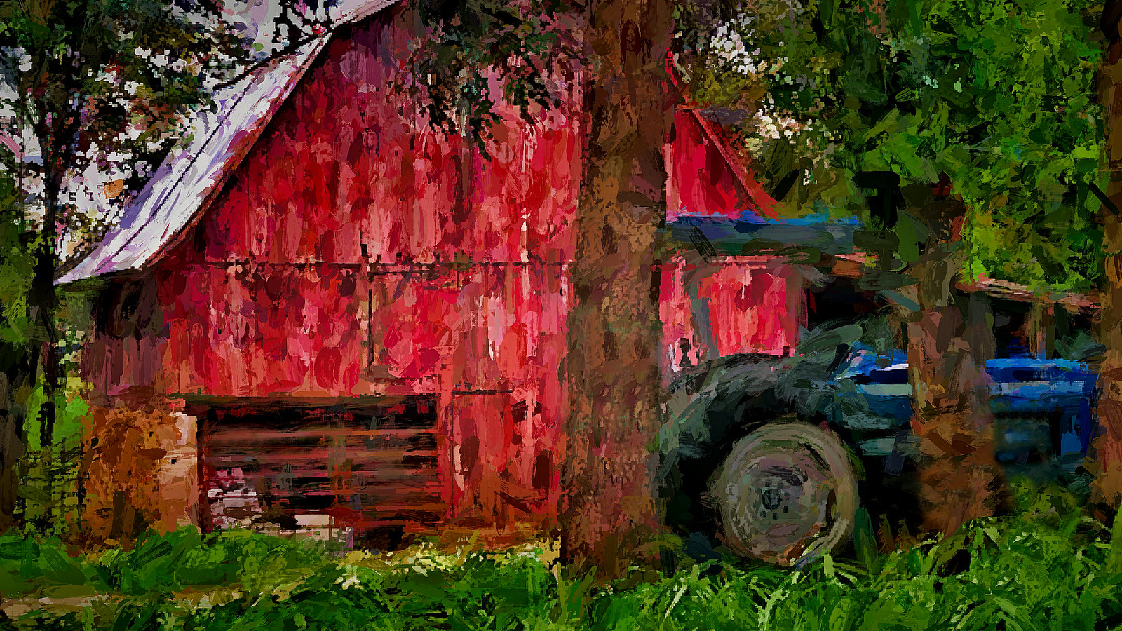 red barn, blue tractor