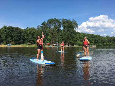 photo of paddleboarders on lake