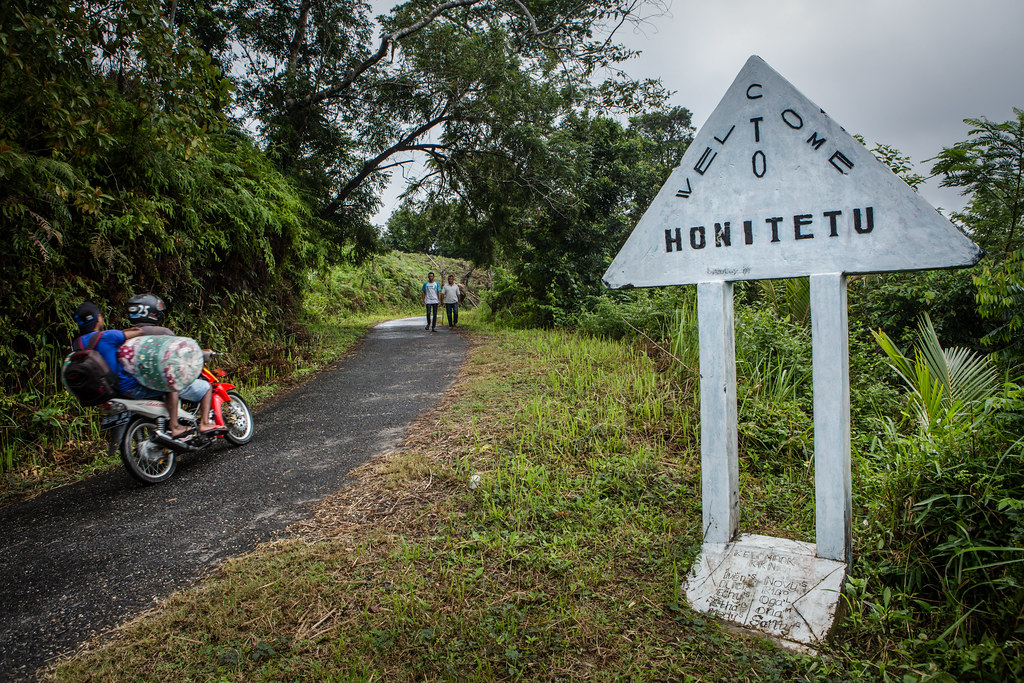 Welcome sign of Honitetu village in Honitetu village, West Seram regency, Maluku province, Indonesia on August 23, 2017.