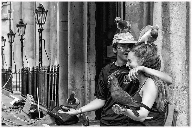 Bath , a boy and a girl and  some pigeons ...